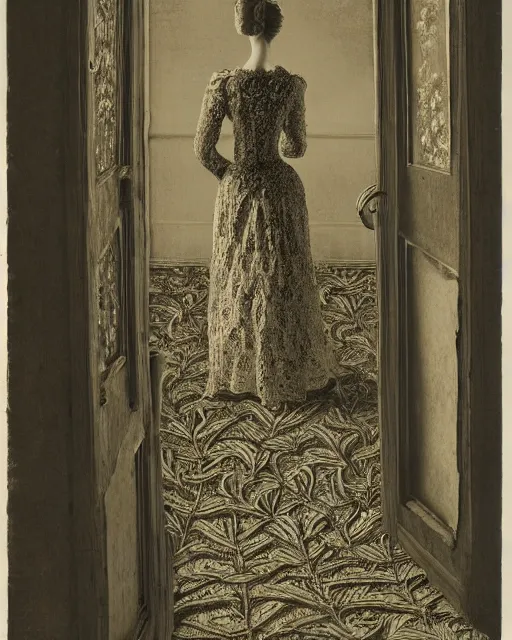 Prompt: a woman standing in a doorway, made of intricate decorative lace leaf skeleton, in the style of the dutch masters and gregory crewdson, dark and moody