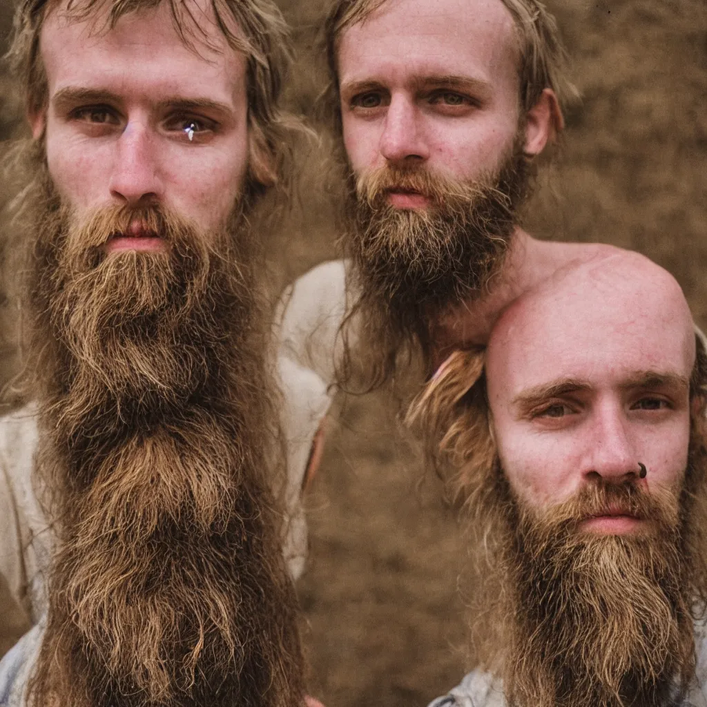 Image similar to far view, in british museum, extremely skinny malnourished redneck white male with long beard, wearing dirty overalls, dirty greasy face, grin, portrait, close up, kodak gold 2 0 0, 5 0 mm,