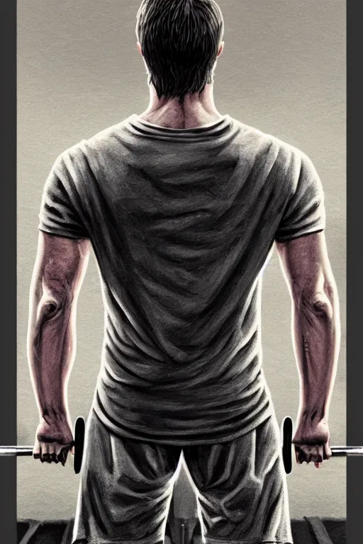 Image similar to highly detailed rendering of Daniel Radcliffe as Harry Potter doing barbell back squats, dingy workout gym, wearing a muscle tee shirt, muscular deep squats, symmetrical, highly detailed, digital painting, artstation, concept art, smooth, sharp focus, illustration, cinematic lighting, art by artgerm and greg rutkowski and alphonse mucha