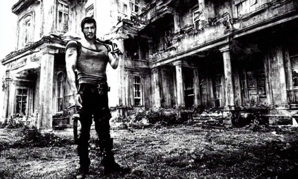 Prompt: 35mm film still, Resident evil, chris redfield in front of mansion, zombie, spooky, horror, old, dirty, reversal film stock