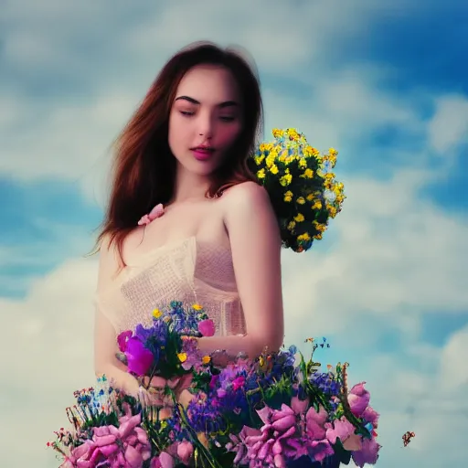 Prompt: a portrait of a romantic woman with flowers grow out of hair, roses peonies forget-me-nots dahlias lupins gladioli, sky theme in background, 35mm Photograph, Digital Art, Trending on artstation