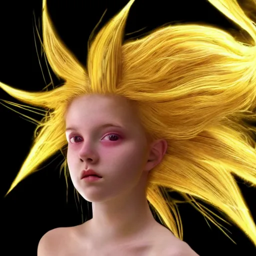 Prompt: teenage girl becomes the legendary super saiyan, wild glowing hair, 2 0 0 7 hd photograph