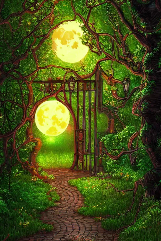 Prompt: a beautiful digital illustration painting of a detailed gothic fantasy fireflies forest trees and iron gate cobblestone pathway vines full moon by lisa frank, james gurney, 8 k resolution trending on artstation concept art digital illustration