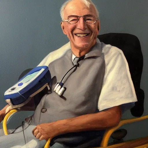 Prompt: a painting of a smiling old man wearing medical appliances