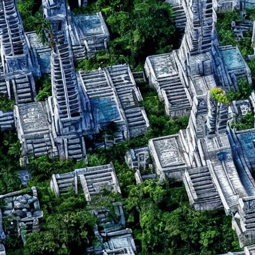 Image similar to a photo of cyberpunk city of tikal in guatemala with futuristic architecture and futuristic mayan aesthetic