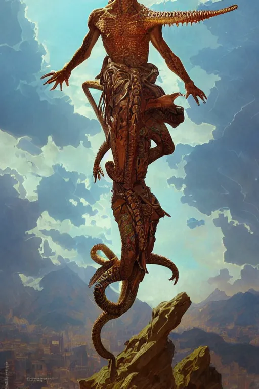 Image similar to fullbody!! dynamic action pose, jesus christ portrayed as a lizard reptile man, lizard head, holy cross, religious, intricate, elegant, highly detailed, digital painting, artstation, concept art, smooth, sharp focus, illustration, art by artgerm and greg rutkowski and alphonse mucha