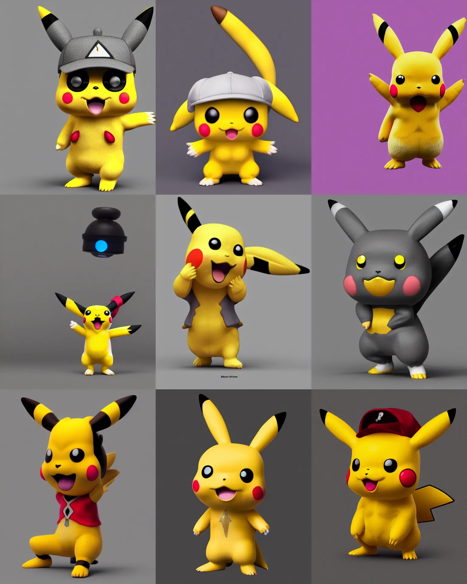 Prompt: full body 3d render of pikachu as a funko pop!, studio lighting, grey background, single person, no shadow, blender, trending on artstation, 8k, highly detailed