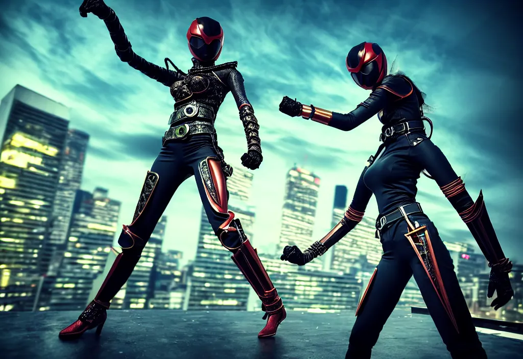 Image similar to huge belt, female kamen rider, hero action pose, human structure, insect art concept, full body hero, intricate detail, hyperrealistic art and illustration by a. k. a limha lekan a. k. a maxx soul and alexandre ferra, global illumination, blurry and sharp focus, on future tokyo night rooftop, frostbite engine