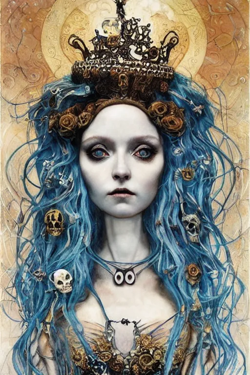 Image similar to The Princess of Bones by Karol Bak, Jean Deville, Gustav Klimt, and Vincent Van Gogh, portrait of a porcelain doll princess wearing a crown, porcelain ball-joint doll face with blue painted tattoos, pale blue eyes, mystic eye, otherworldly, crown made of bones, ornate jeweled crown, skulls, fractal structures, arcane, inscribed runes, infernal relics, ornate gilded medieval icon, third eye, spirals, rich deep moody colors