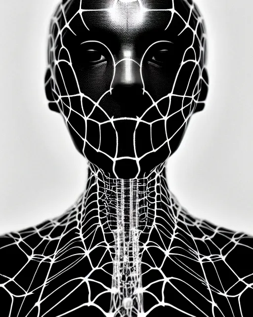 Image similar to black and white cyborg-plant goddess high quality fashion portrait, artificial intelligence, bio-mechanical bio-luminescence, artificial spider web, neurons, nerve cells, octane render, cinematic, hyper realism, photo-realistic, high detail, 8k, in the style of Steven Meisel and Dora Maar and H.G. Giger