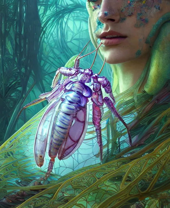 Image similar to opulent colorful transparent clear see - through portrait of a terrifying beautiful male alien isopod cyborg, mottled coloring, adorable, childlike, overgrown biopunk jungle environment, ultra realistic, concept art, art nouveau, photorealistic, octane render, 8 k, unreal engine. art by christopher marley and artgerm and greg rutkowski and alphonse mucha