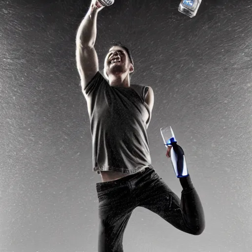 Image similar to an epic portrait of a man jumping in the while holding a bottle, highly detailed, high quality, digital art, five fingers, anatomically correct, dramatic lighting, studio quality