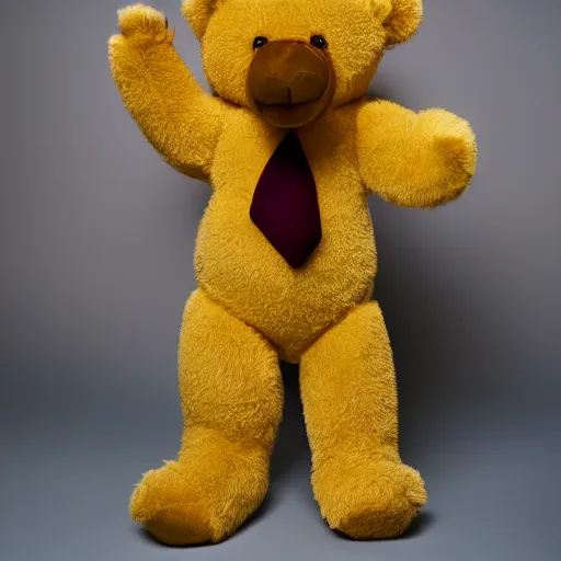 Image similar to a ( ( ( ( muscular yellow teddy bear ) ) ) proudly standing in front of his nfts collection!!!! 4 k photo