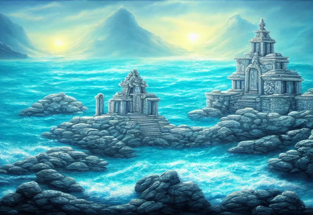 Prompt: ocean temple made out of crystalline blue stone, fantasy, mystical, ocean, 3 d, painting, ocean, water