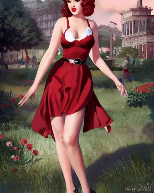 Image similar to Pop idol full body pin up modeling in pop-idol unioform, with a park in the back ground, post war style, detailed face, american postcard art style, by Krenz Cushart and Randolph Stanley Hewton and Charlie Bowater