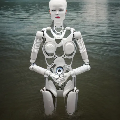 Prompt: beautiful centered fine art photo portrait of hoyeon jung as a solarpunk robotic humanoid withwhite mechanical parts with led lights, bathing in a calm lake, ultra - detailed and intricate, white background, sun lighting, soft focus, slow exposure hdr 8 k