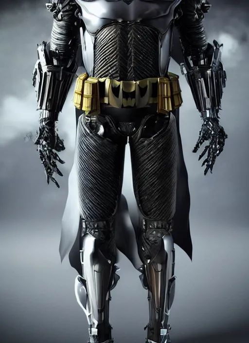 Prompt: hyper realistic batman in a obsidian metal armor, futuristic design, designed by makoto kobayashi and luca zampriolo, portrait, cyberpunk style, wood and gold details, intricate, extremely detailed, ornate, deep of field, hard surface, exoskeleton, substance designer metal unreal engine. amazing likeness. very detailed.