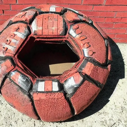 Image similar to football made out of bricks and rusty metal