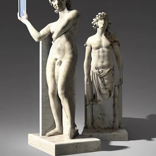 Image similar to ancient greek statues taking selfies and watching stone ipads, marble detailed, exploration, national geographic, volumetric lighting