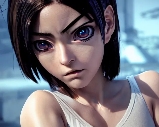 Image similar to battle angel alita, photorealistic, beautiful portrait, lifelike, octane engine, cinematic lighting, high detail, high resolution