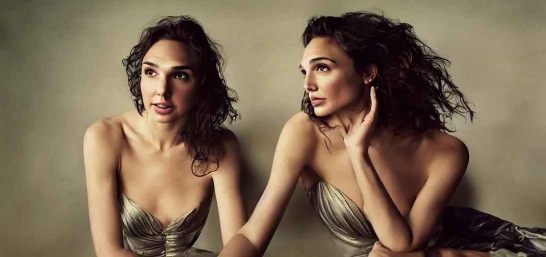 Prompt: Candid portrait photograph of a flirtatious gal gadot, taken by Annie Leibovitz,