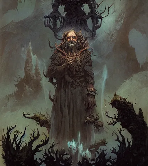 Image similar to a druid at the beginning of the world by alan lee and peter mohrbacher and frank frazetta and mike mignola