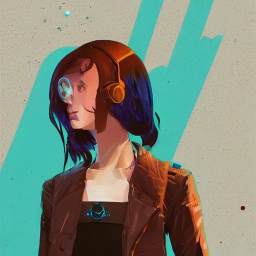 Image similar to Highly detailed portrait of a cyberpunk young lady with, freckles and wavy hair by Atey Ghailan, by Loish, by Bryan Lee O'Malley, by Cliff Chiang, by Goro Fujita, inspired by image comics, inspired by graphic novel cover art, inspired by nier!! Gradient color scheme ((grafitti tag brick wall background)), trending on artstation