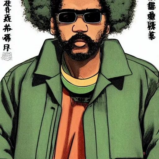 Prompt: illustration by katsuhiro otomo, black man with afro hair, raspy beard stubble, wearing an adidas army green jacket, in the streets of tokyo, akira style, by katsuhiro otomo
