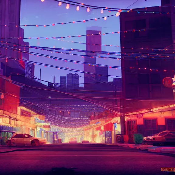 Image similar to Downtown Mexico, string lights, colorful lighting, night, realism, gta 5 screenshot, by Tooth Wu, by Lienzo Óleo Paisaje, by Greg Rutkowski