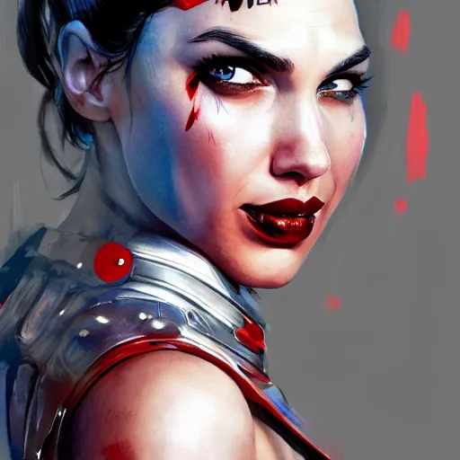 Image similar to a close up face of gal gadot as Harley Quinn, by Stanley Artgerm Lau, WLOP, Rossdraws, James Jean, Andrei Riabovitchev, Marc Simonetti, Yoshitaka Amano, ArtStation, CGSociety, Full body shot