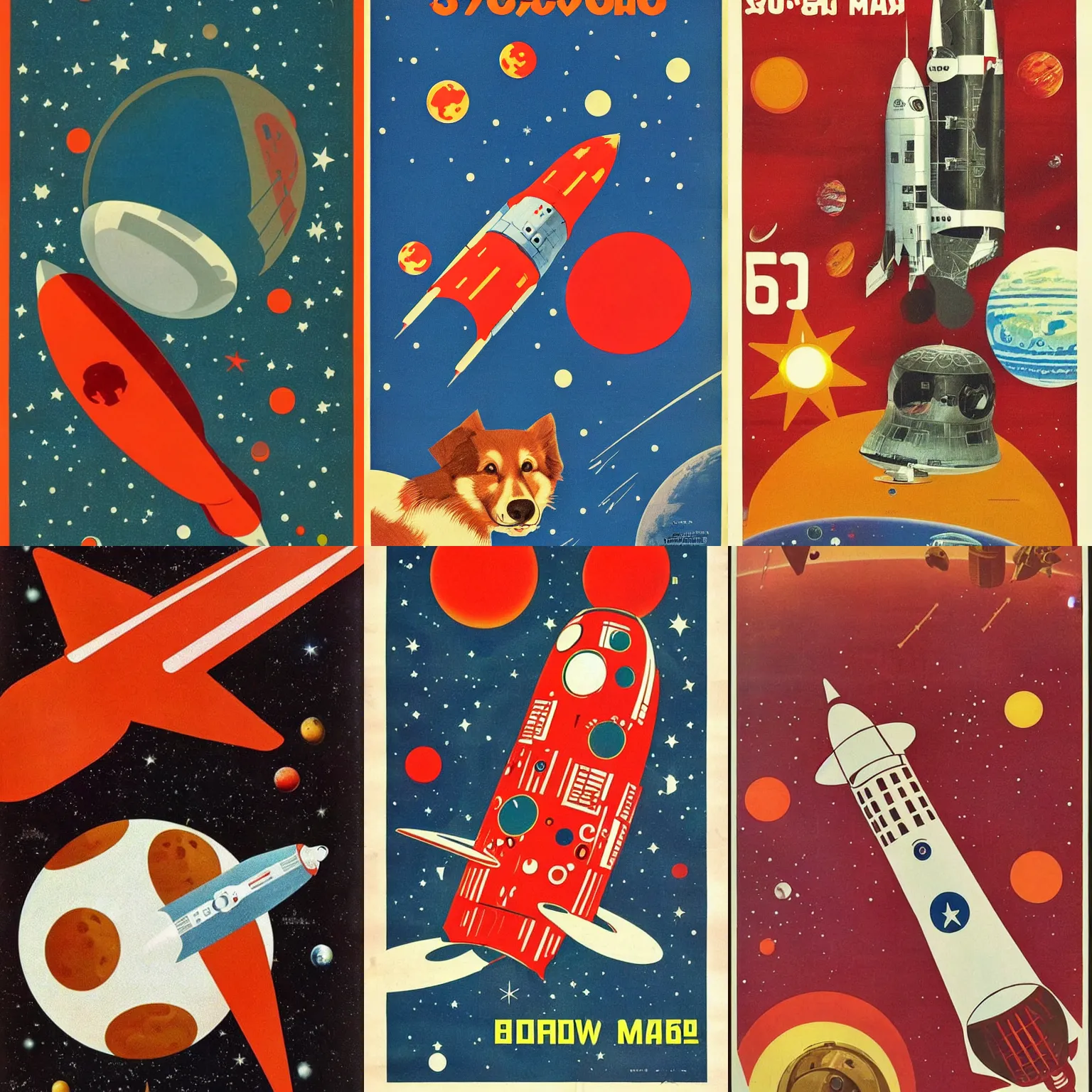 Prompt: Soviet dog shaped Space craft, planet mars, 60s poster, 1962 Soviet