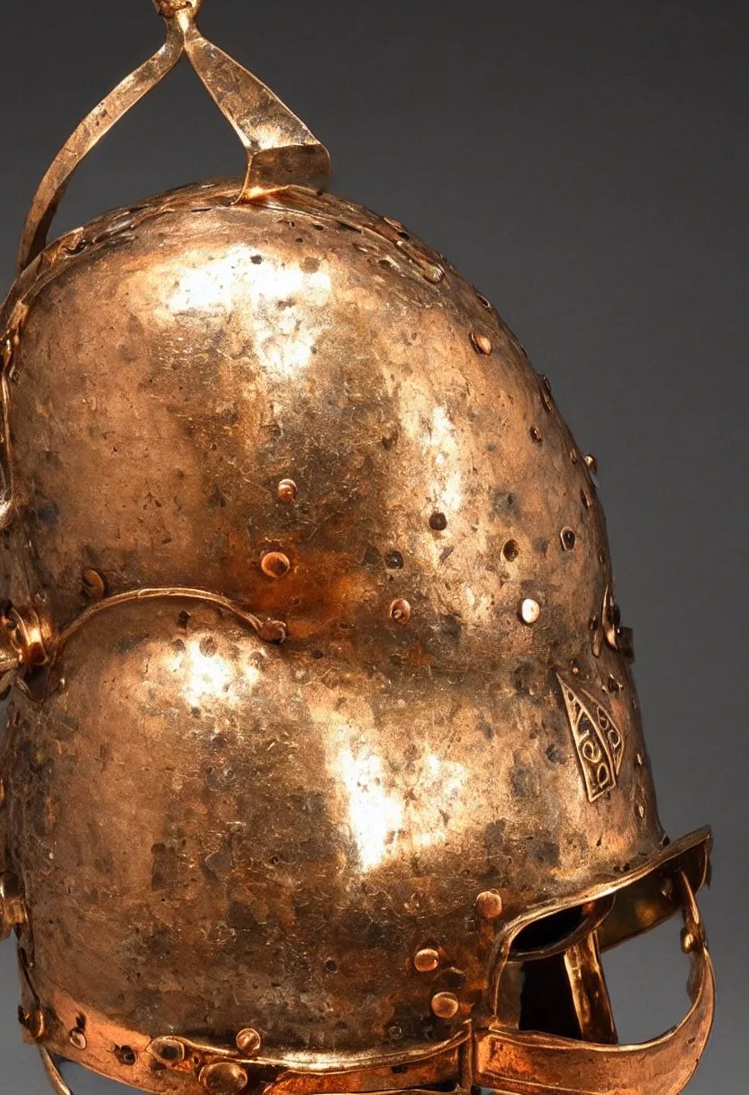 Prompt: a photo of a knight's helmet that is made of copper and gold, beautiful ornated details, royal equipment, relic