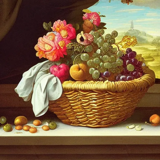 Image similar to a beautiful detailed baroque painting of fruit and flowers in a basket on a table, with a window with curtains in the background