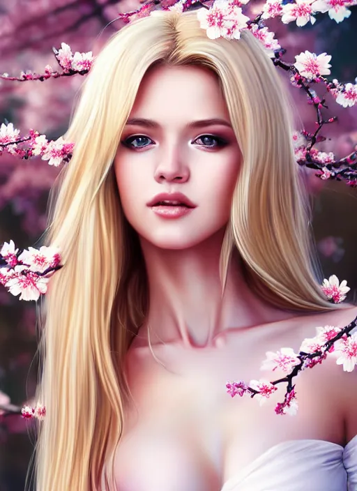 Image similar to photo of a gorgeous blonde female in the style of stefan kostic, realistic, half body shot, sharp focus, 8 k high definition, insanely detailed, intricate, elegant, art by stanley lau and artgerm, extreme blur cherry blossoms background