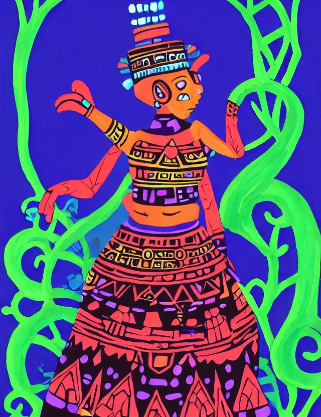 Prompt: aztec scifi pricess of the cloud forest, wearing a lovely dress. this gouache painting by the award - winning animator has an interesting color scheme and impeccable lighting.