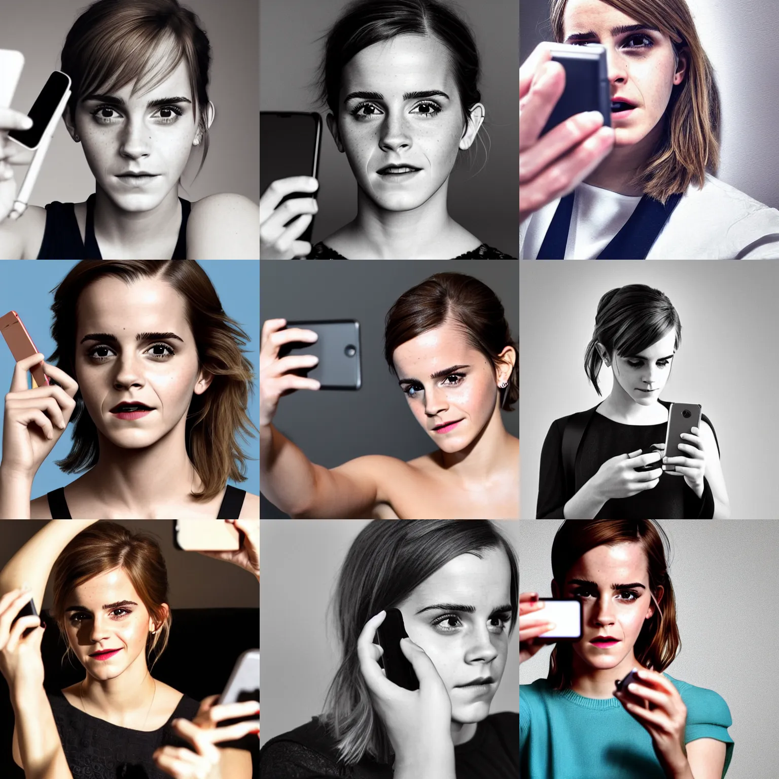 Prompt: emma watson taking a selfie with a cell phone, a macro photograph by elfriede lohse - wachtler, polycount, superflat, adafruit, angular, matte photo