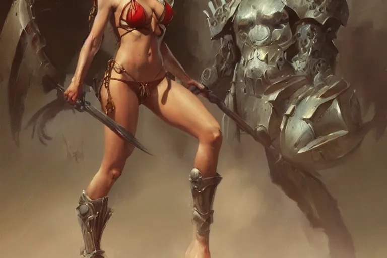 Image similar to A beautiful oil painting of a pretty girl in bikini armor, by Lucas Graciano, Frank Frazetta, Greg Rutkowski, Boris Vallejo, epic, fantasy, character art, high fantasy