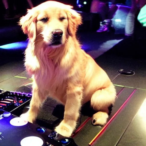 Image similar to a photograph of a DJ golden retriever dog, playing at a nightclub