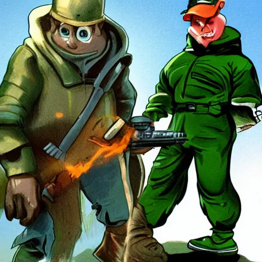 Image similar to Elmer Fudd from Loony Tunes in Doom, wearing green armor and helmet, killing demons, rip and tear, video game