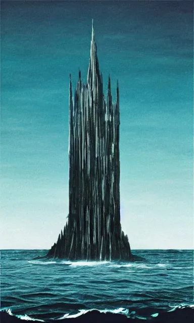 Prompt: lone dark tower in the center of a serene vast ocean, album artwork, album cover,