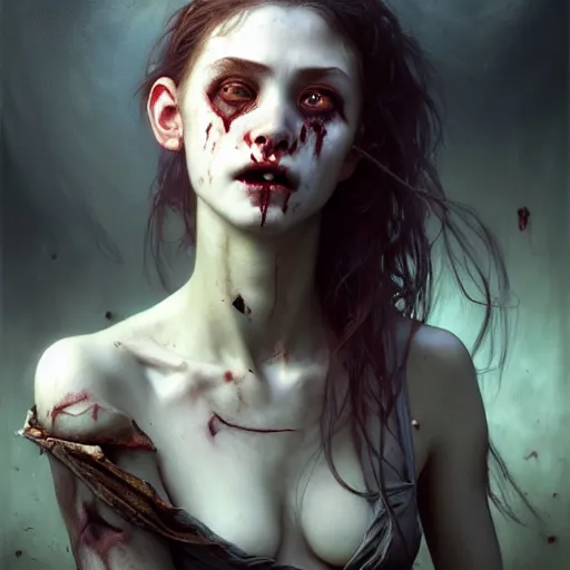 Image similar to portrait painting of horrifyingly disfigured vampire girl wearing battered vietnam fatigues, ultra realistic, concept art, intricate details, eerie, highly detailed, photorealistic, octane render, 8 k, unreal engine. art by artgerm and greg rutkowski and charlie bowater and magali villeneuve and alphonse mucha