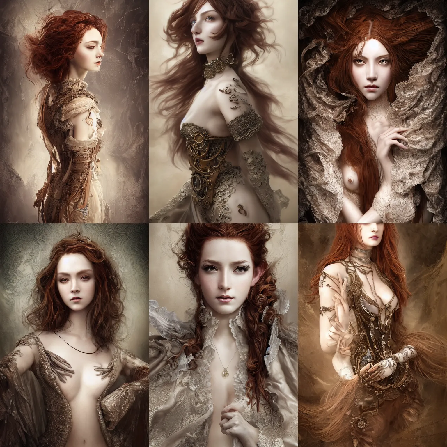 Prompt: ultra realist and ultra intricate detailed soft painting of a beautiful steampunk porcelain female covered in long drapes, thin lustrous long auburn hair, symmetry features, sensual gloomy style, volumetric clouds, cinematic, 8k resolution, photorealistic, digital painting, dark atmosphere, artstation, concept art, sharp focus, fantasy background, artstation trending, octane render, unreal engine