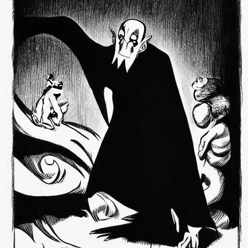 Image similar to nosferatu, dramatic pose, in the style of carl barks