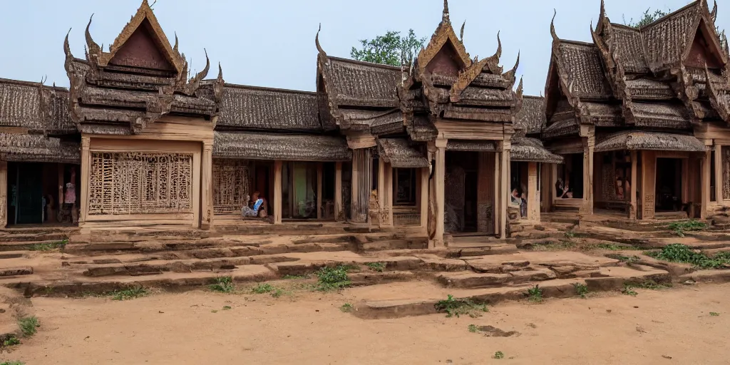 Prompt: a quaint village with a mix of khmer and nabatean architecture