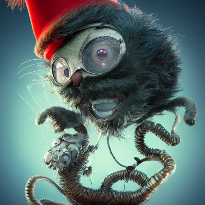 Prompt: complex 3 d render, hyper detailed, ultra sharp, alien cat in the hat, scary, cute, cinematic, head and shoulders, steampunk, natural soft light, rim light, octane render, artstation, art by artgerm and greg rutkowski and alberto seveso, dr seuss