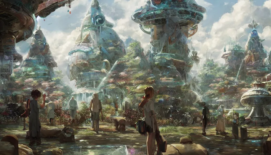 Image similar to craig mullins and studio ghibli illustration of futuristic society living in an exosphere structure, science fiction landscape, animals around a fountain in the center, ufos scattered above, clouds, unreal engine, hyper realism, realistic shading, cinematic composition, realistic render, octane render, detailed textures, photorealistic, wide shot