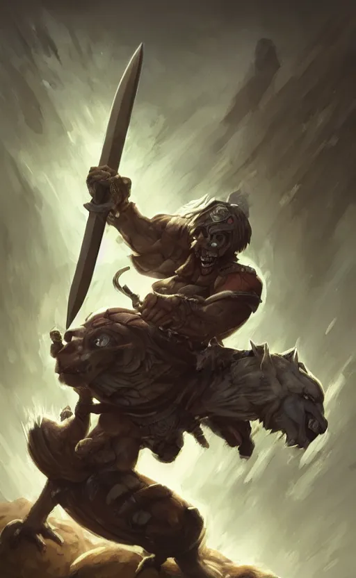 Image similar to Full body centered uncut character pose of mysterious-eerie-ominous He-Man, He-Man is holding the Power Sword in his right hand and the Grey Skull in his left hand, He-Man rides the Battle Cat, dark grey shadowy smokey background, direct natural lighting, cinematic, Epic, ultra-detailed, sharp focus, colored illustration, artwork by Jordan Grimmer and Greg Rutkowski and Alphonse Mucha