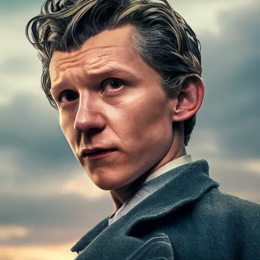 Image similar to tom holland as a rough dirty old man with a scruffy beard in a dark blue trenchcoat as the new doctor who, cinematic, volumetric lighting, f 8 aperture, cinematic eastman 5 3 8 4 film, photorealistic