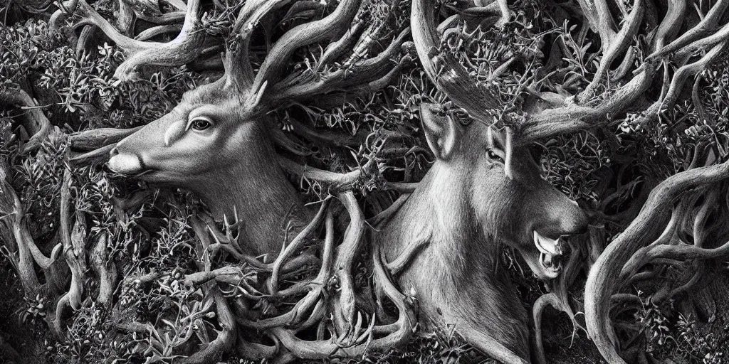 Image similar to portrait of deer head transforming into root monster, edelweiss growing on his head, forest, dolomites, alpine, detailed intricate insanely detailed octane render, 8k artistic 1920s photography, photorealistic, black and white, chiaroscuro, hd, by David Cronenberg, Raphael, Caravaggio