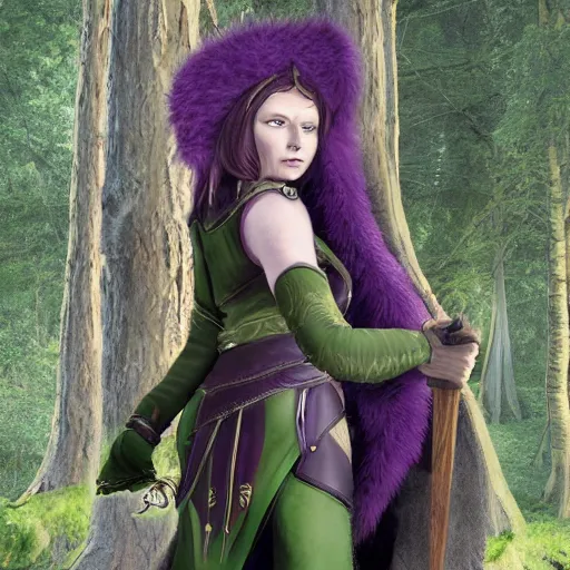 Image similar to anya charlota as a medieval fantasy wood elf, dark purple hair tucked behind ears, wearing a green tunic with a fur lined collar and leather armor, short, muscular build, scar across nose, one black, scaled arm, wielding a battleaxe, cinematic, character art, digital art, forest background, realistic.
